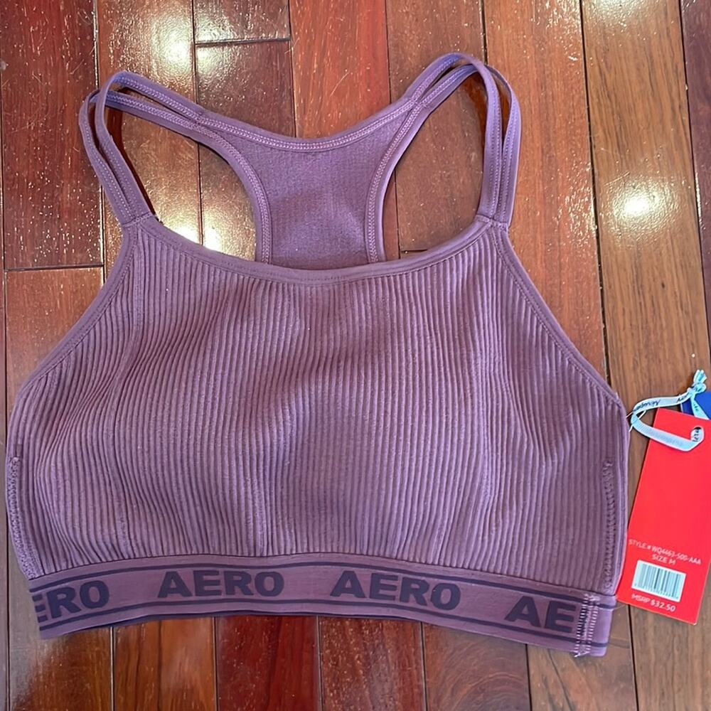 NEW Aeropostale Aero Sport Ribbed Purple Sports Bra Removable Cups Dark Athletic
